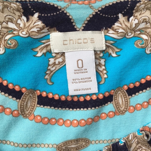 Chico's Blue and Gold Scarf Print Short Sleeve Top Blouse Size 0 - Picture 7 of 8